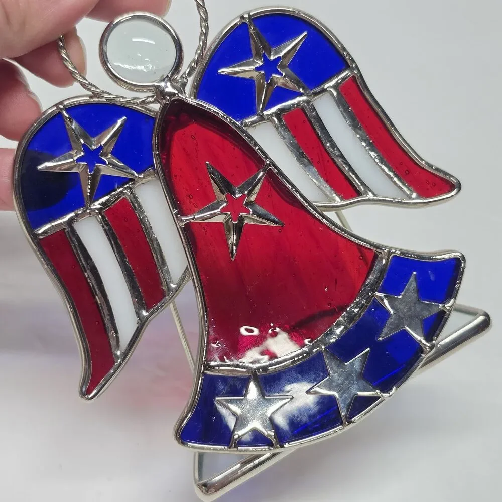 Vintage Stained Glass American Flag Angel Patriotic Tea Light Candle Holder
